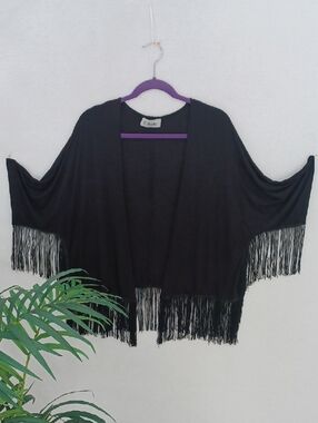 Vintage Black Fringe Open-Front Women's Shrug